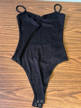American Eagle Outfitters Black Ribbed Tank Bodysuit with Snap Crotch